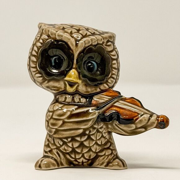Other - Vintage Owl Figurine Violin Player Japan Ceramic Big Eyes 3 Inch